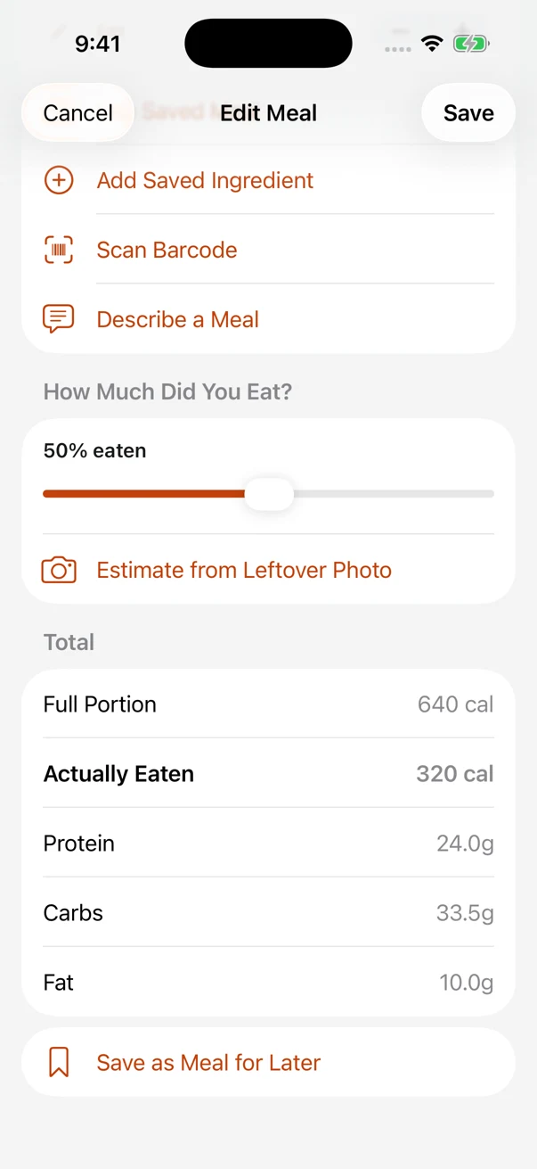 Actual Plaiteful Edit Meal screen showing 50% eaten and adjusted nutrition, with fictional data