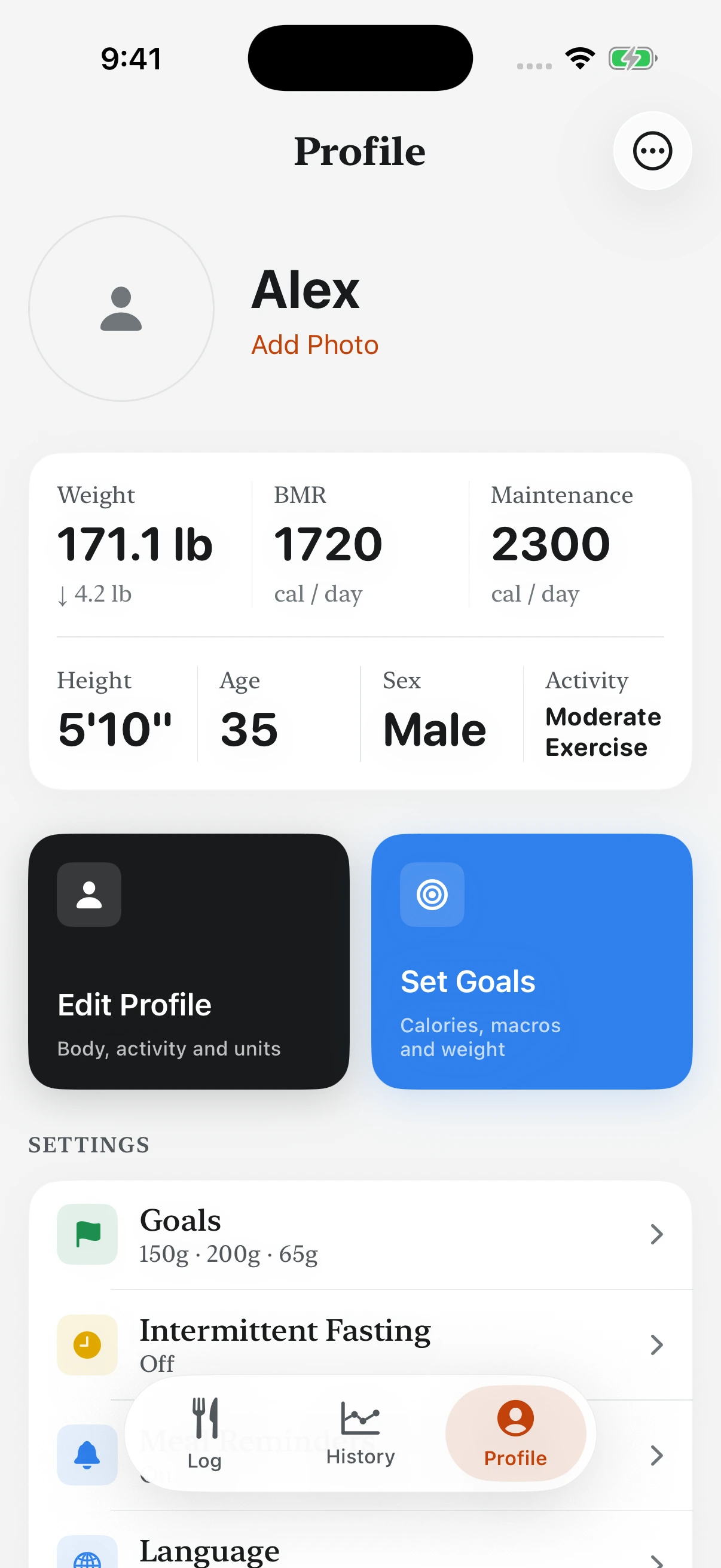 Plaiteful Profile screen for fictional user Alex